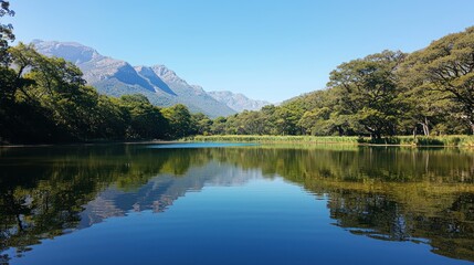 Fototapeta premium A serene lake with perfectly mirrored water reflecting the surrounding trees and mountains