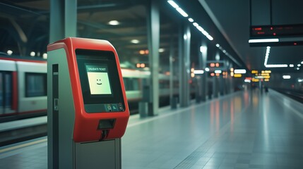 Red ticket validation machine at train station platform wih smiley face on the screen. Urban public transportation. improving mood