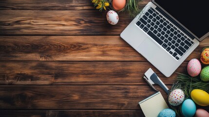Business work desk with devices and happy easter holiday multicolored eggs background on decorated brown wooden table modern spring decoration workplace with gadgets, top view from above