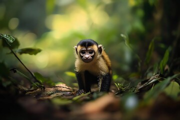 Obraz premium Adorable baby monkey in lush green rainforest environment.