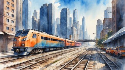 Obraz premium Watercolor painting of a train passing through an urban landscape with tall buildings and railway tracks 