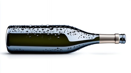 Dark Green Wine Bottle With Water Drops On White Background