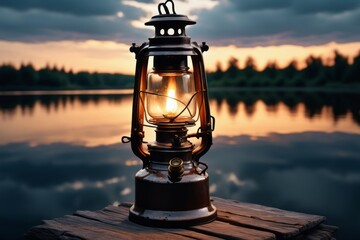 Obraz premium Lantern glowing on the wooden bench at sunset with a colorful sky and calm mangroves in the background