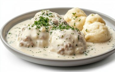 Hovering plate of Czech svÃ??kovÃ¡ with creamy sauce and dumplings, isolated on a white background