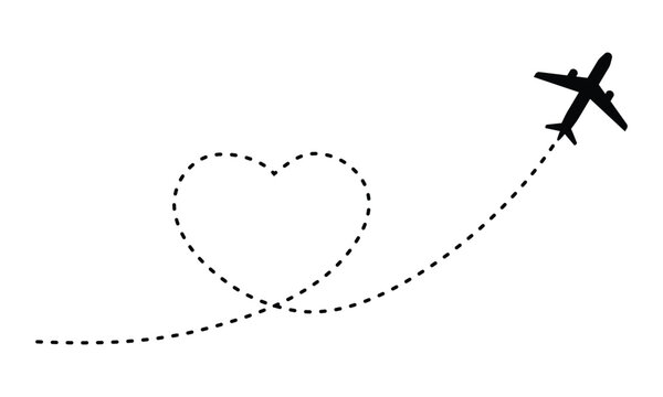 airplane flying with heart shaped trail. plane symbol with dotted line route. design for travel, honeymoon, holiday. transparent vector