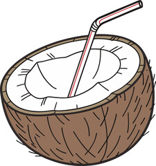 Half coconut with straw vector illustration isolated on white background, perfect for tropical drinks, summer themes, beach designs, organic food, and exotic branding.


