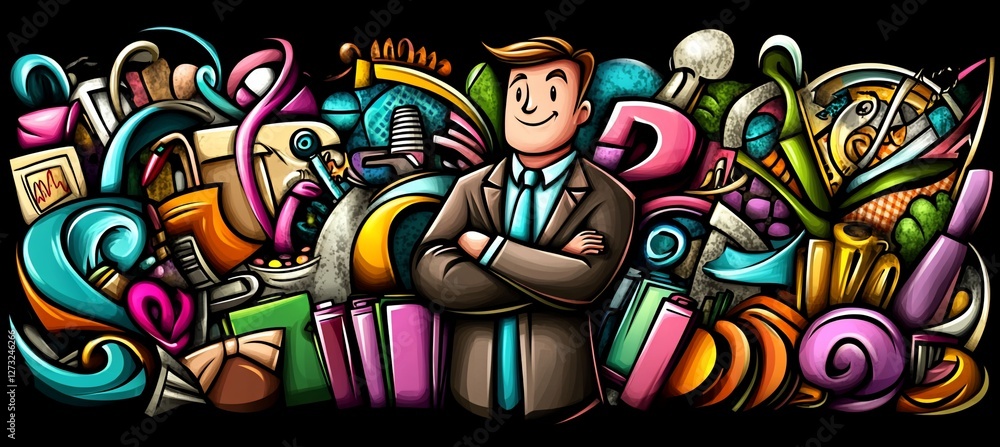 Poster happy businessman surrounded by colorful doodles of various objects and letters.