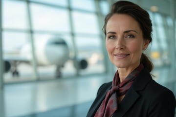 Fototapeta premium Head and shoulders Portrait of an elegant stylish Belizean 40 years old female flight attendant in uniform.