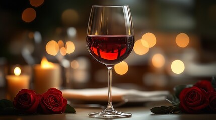 Elegant Glass of Red Wine on a Luxurious Restaurant Table with Warm Ambient Lighting