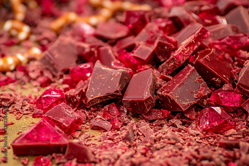 Poster close-up of ruby chocolate chunks and shavings.