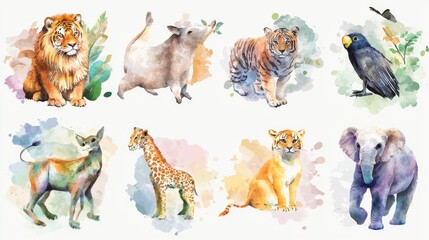Fototapeta premium A set of watercolor-painted animals in a soft, artistic design