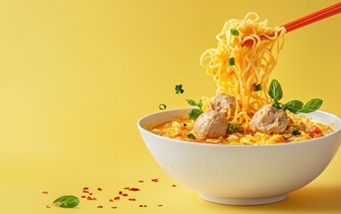 Levitating dish of Malaysian laksa with coconut broth, isolated on a bright background