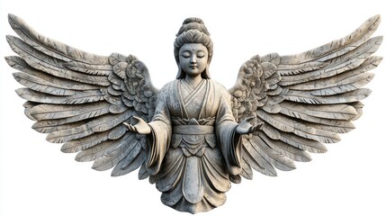 A Shinto angelic being with celestial wings, representing a spiritual protector and messenger of divine energy, on a white background.