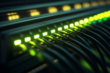 Close-up of illuminated network server ports with cables.