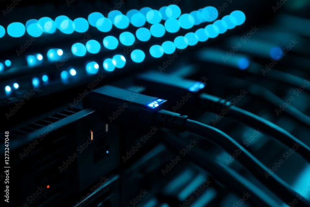 Poster close-up of illuminated data cables connected to a server in a dark room.