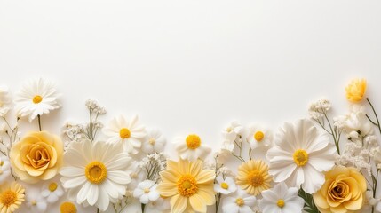 Obraz premium Yellow and white flowers arranged at bottom on white background. Springtime invitations, floral branding