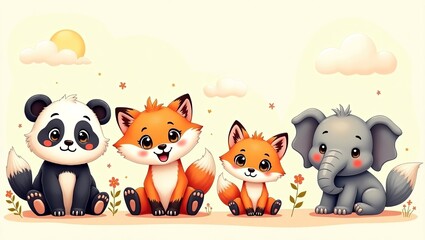 Charming Cartoon Animals with Big Eyes and Mischievous Grins
