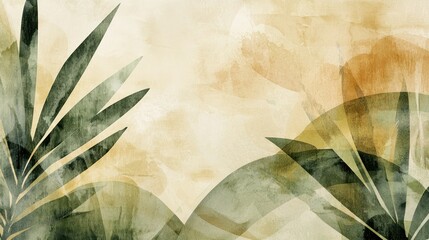 A single decorative print with tropical plant elements in a modern, abstract style, featuring organic curves, soft watercolor textures, and warm, earthy tones of green and beige.