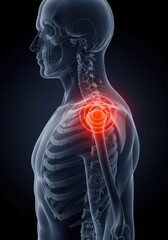3D medical illustration of shoulder pain with highlighted inflammation area.