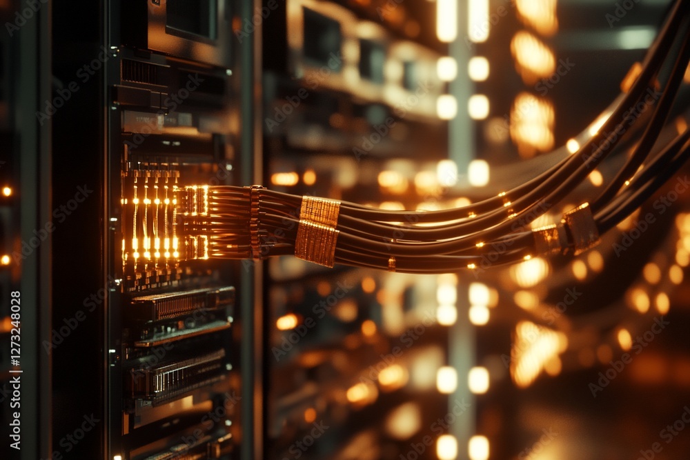 Poster illuminated server cables connected to a data center rack.