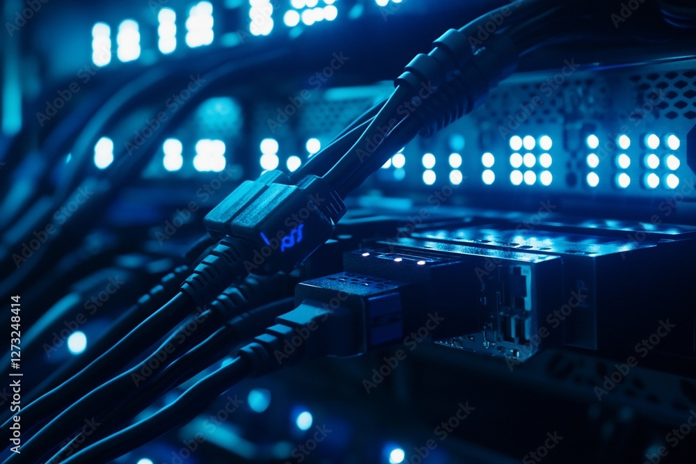 Poster close-up of server cables and connectors in a data center with blue light.