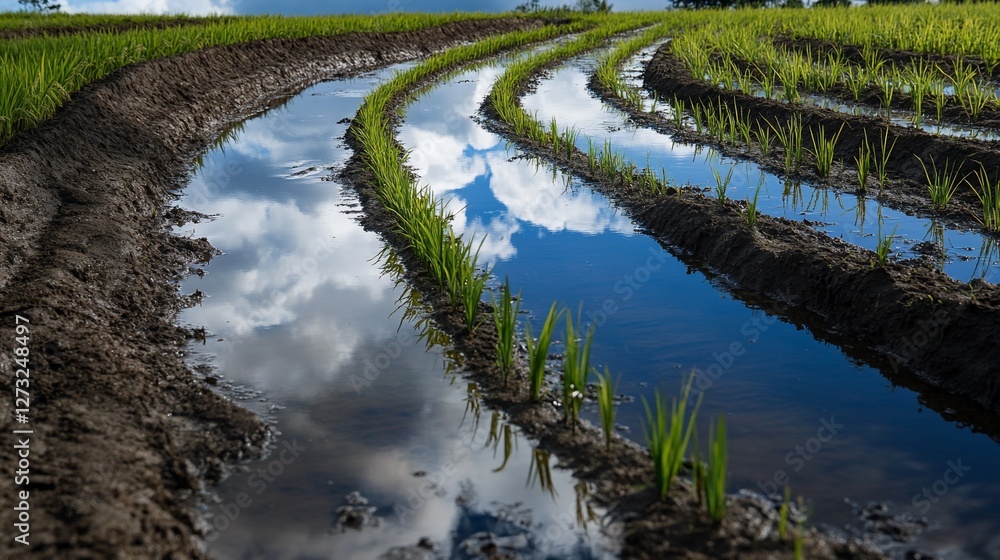 Poster rice paddy field with water reflecting clouds and sky.