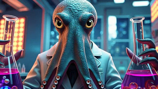 Octopus Scientist in a Laboratory Wearing a White Coat and Conducting Experiments with Colorful Chemical Beakers

