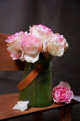 delicate pink roses, flowers, spring flowers, bouquet, green vase, flowers in a vase