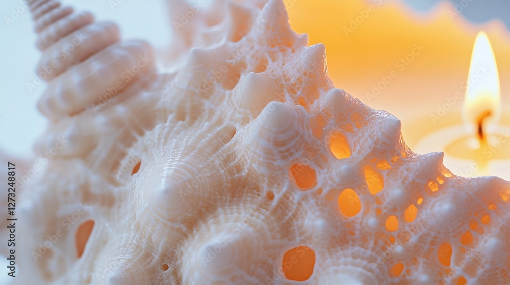 Poster close-up of a seashell candle holder with a lit candle behind it, showing intricate shell texture an