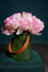 delicate pink roses, flowers, spring flowers, bouquet, green vase, flowers in a vase