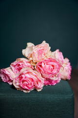 delicate pink roses, flowers, spring flowers, bouquet, chair,