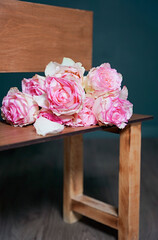 delicate pink roses, flowers, spring flowers, bouquet, chair, bench, wooden bench