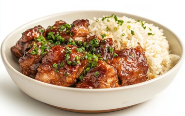 Midair serving of Filipino adobo chicken with garlic rice, isolated on a white background