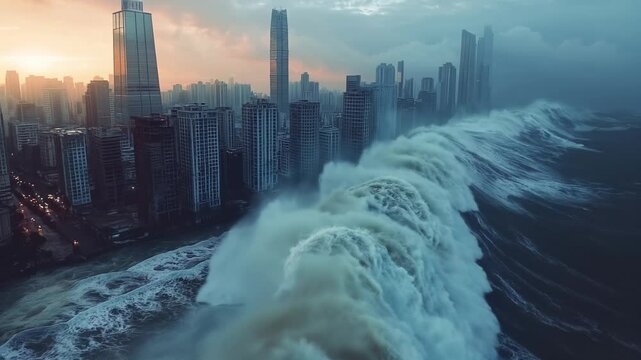 Dramatic tsunami waves crash into city skyscrapers, capturing a scene of urban catastrophe
