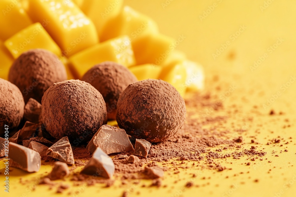 Aufkleber close-up of chocolate truffles dusted with cocoa powder, next to mango chunks on a yellow background