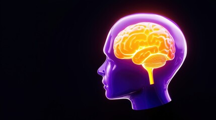 3D Human Head with Glowing Brain Symbolizing Intelligence and Neural Activity