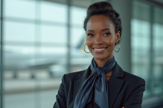 Head and shoulders Portrait of an elegant stylish Cameroonian 40 years old female flight attendant in uniform.
