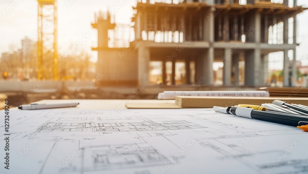 Poster architectural blueprints and construction tools with a building under construction in the background