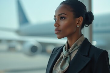 Head and shoulders Portrait of an elegant stylish Chadian 40 years old female flight attendant in uniform.