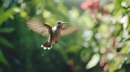 Naklejka premium A slow-motion capture of a hummingbird in mid-air with its wings blurred