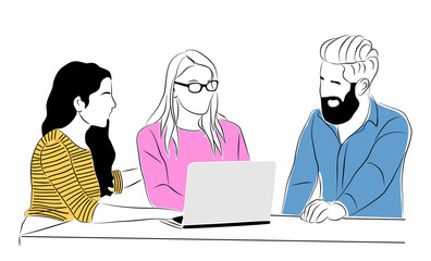 Fototapeta premium Business team members working together scene. Business men, women Meeting, brainstorming, discussing, taking part in business activities. Vector colored line art illustration