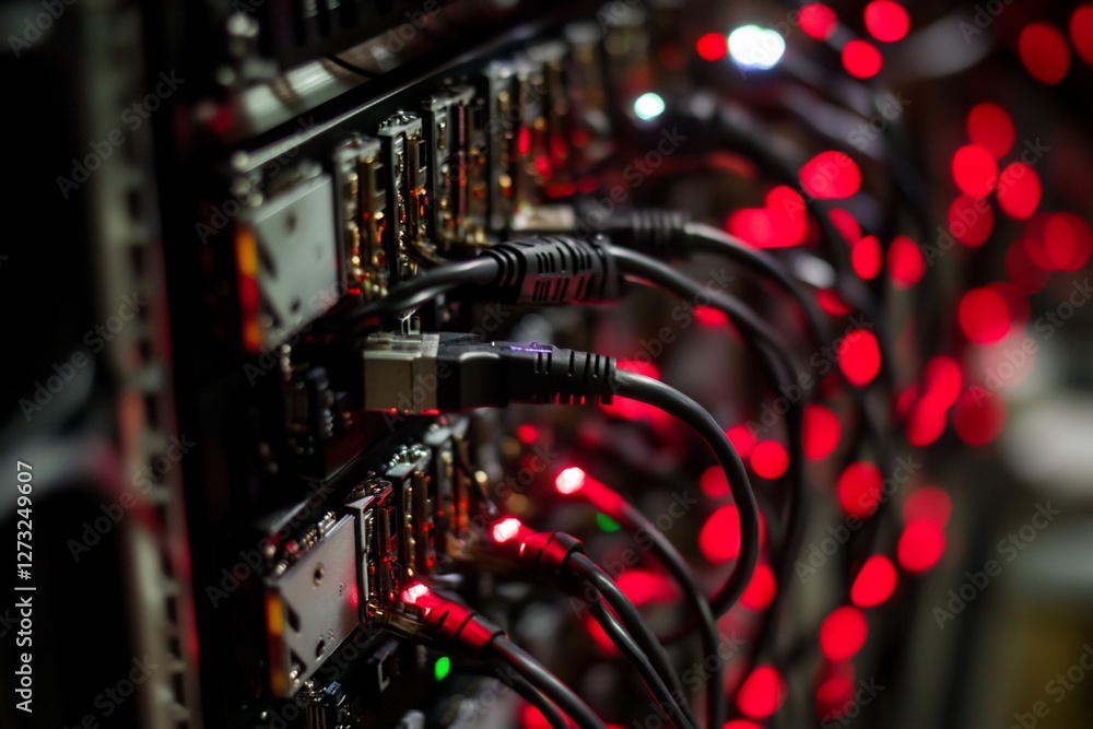 Poster close-up of server rack with network cables and red lights.