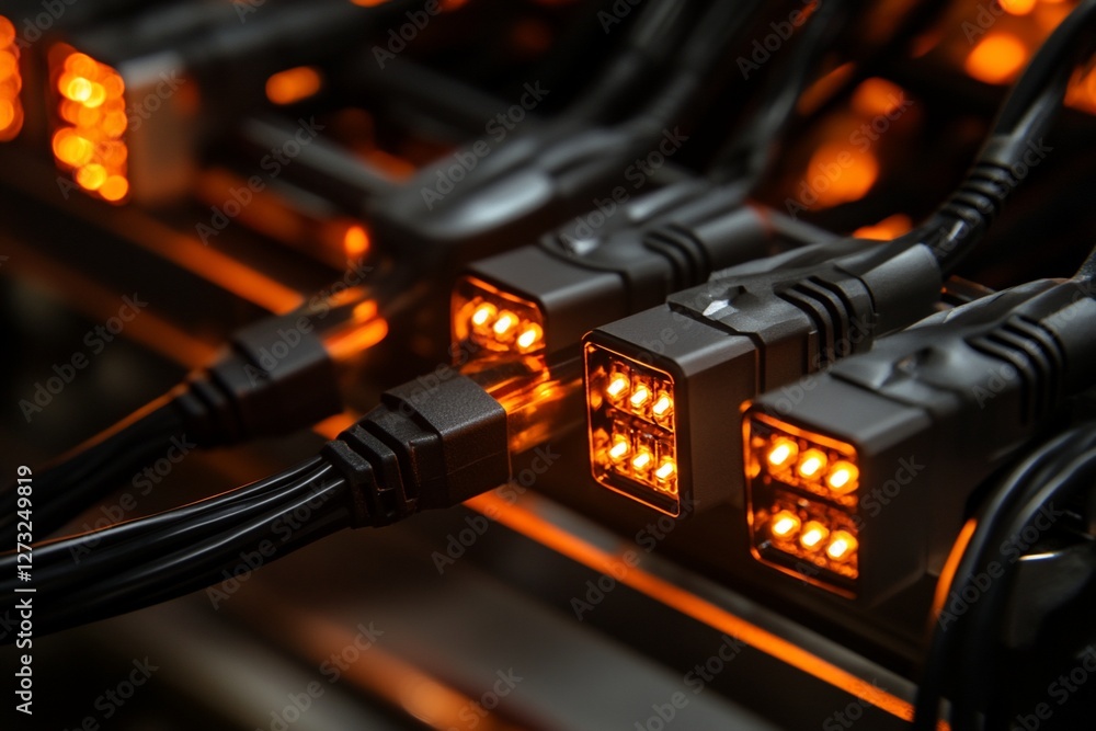 Poster close-up of illuminated data connectors and cables in a server rack.
