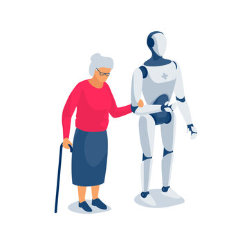 Humanoid robot nurse taking care of old woman. Pensioner senior holding hand AI android assisting. Robot helping and supporting senior grandmother. Grandma loneliness, artificial intelligence future.