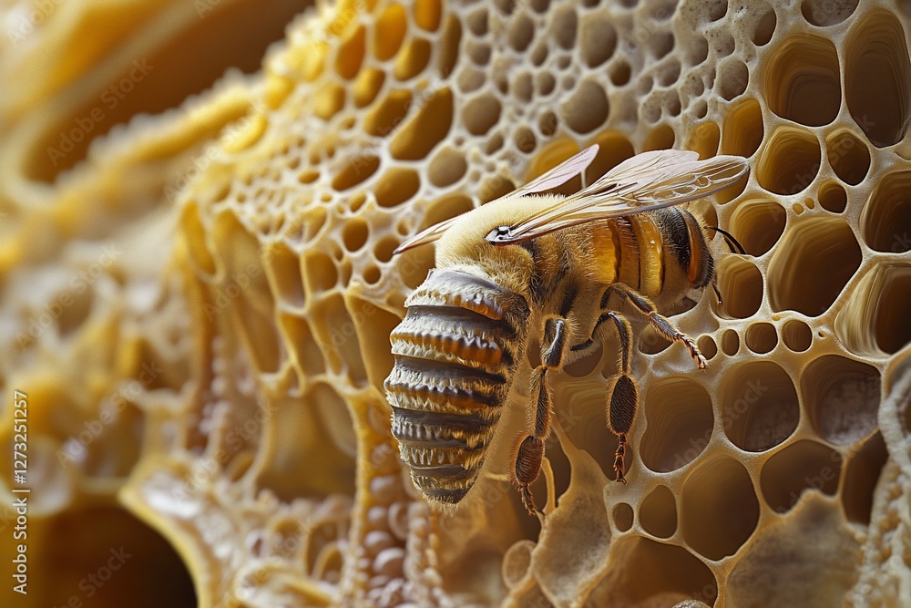 Poster close-up of a honeybee on a honeycomb, showcasing intricate details of both insect and structure.