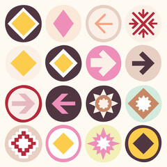 Colorful Round Icons Set – Forward Arrows, Drop-Down Menu, Web & Settings Icons Collection
