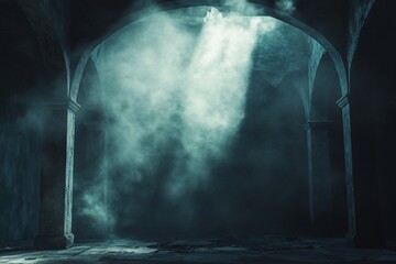 Dark, mysterious hallway with stone arches, pillars, and fog.
