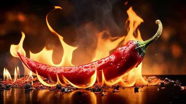 Vivid hot chili pepper igniting flames on a dark background