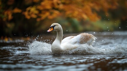 Swan splashing in autumnal river, tranquil scene, possible use in nature documentary or wildlife calendar