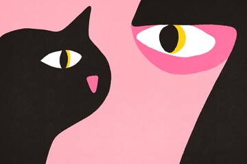 Colorful abstract illustration featuring a cat and a person with bold eyes and graphic shapes against a pink background